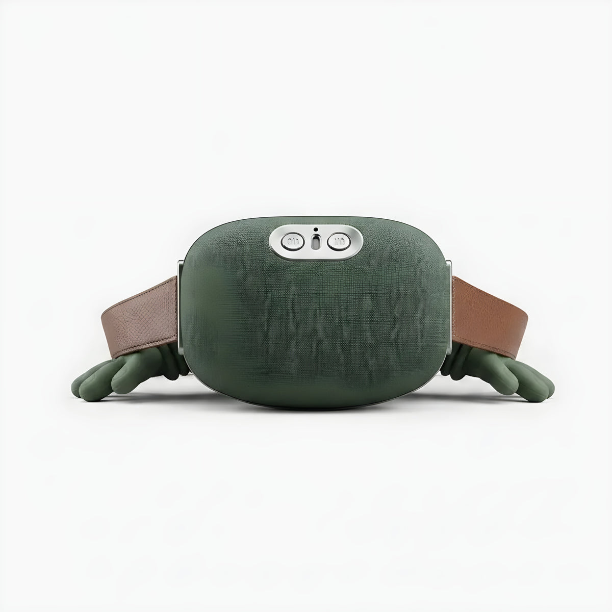 Masajeador de cuello NeckCalm verde con correa de cuero, vista frontal