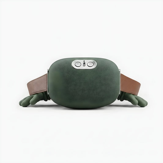 Masajeador de cuello NeckCalm verde con correa de cuero, vista frontal
