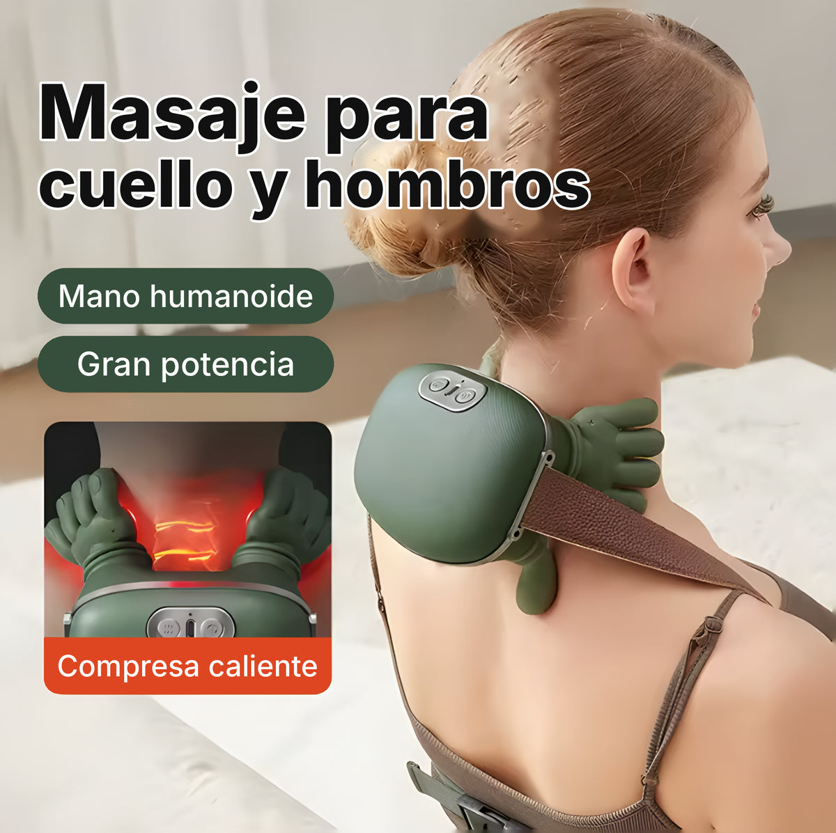 Masaje de cuello y hombros con mano humanoide, gran potencia y compresa caliente